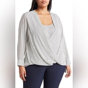T Tahari Stripe Surplice Long Sleeve Blouse‎ NWT Size 1X & 2X Ivory/Black